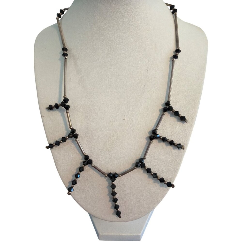 Vintage Sterling Silver Black Crystal Beaded Necklace Fringe Spiky 16" Estate
